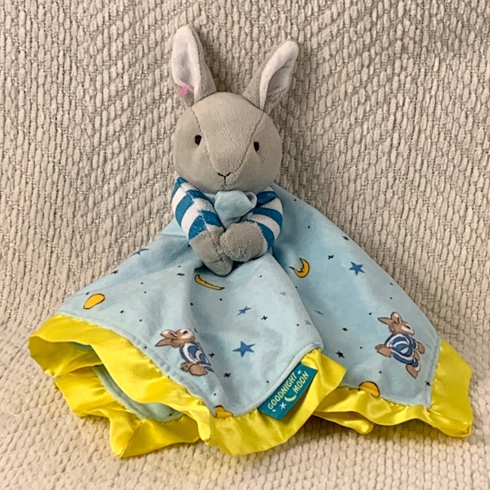 Goodnight Moon Bunny Lovey Security Blanket Yellow Satin Trim Baby Toy Stars EUC